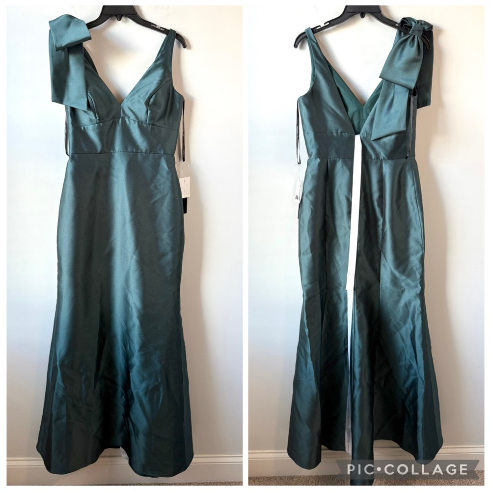 Alfred Sung D863 Twill V-Neck Bow Shoulder Trumpet Gown Evergreen 4 - Picture 3 of 8